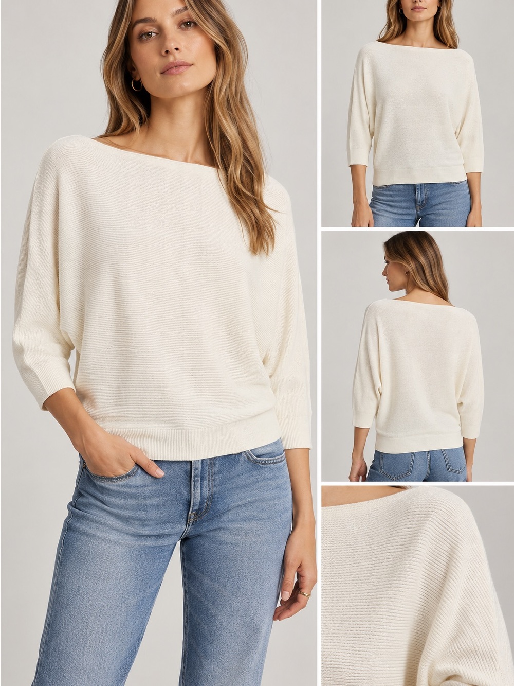 L’AGENCE Beth Ivory Dolman Sleeve Ribbed Knit Pullover Top
